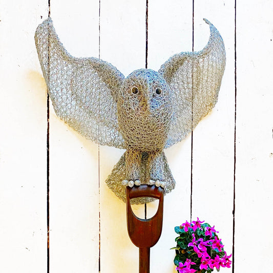 David Metcalff || Handmade Wire Sculpture Owl with Wings Out || Mounted on Reclaimed Tool