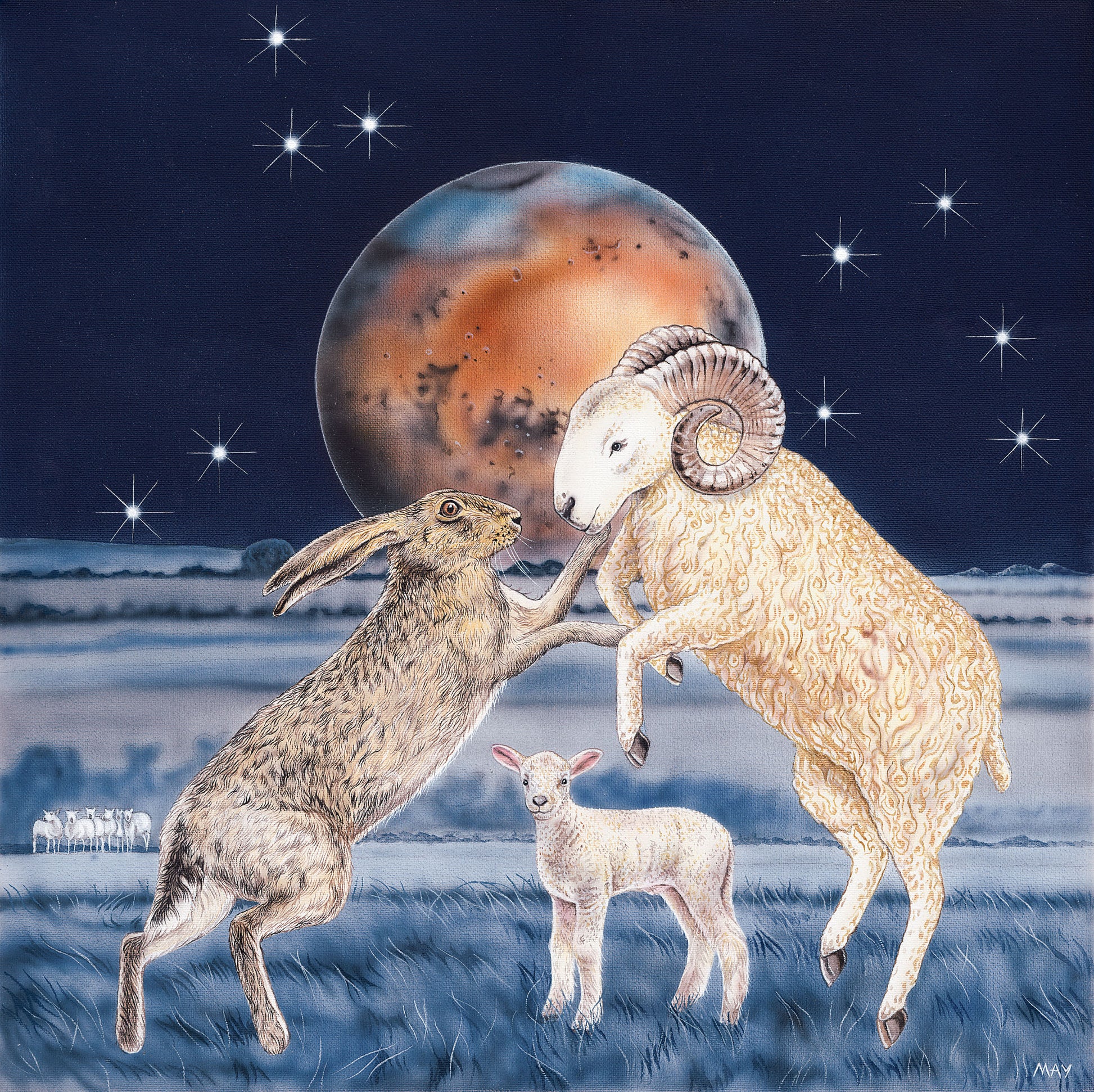 hare and a ram with the aires constellation in background