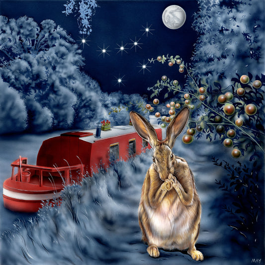 Hare on winterscape with cancer constellation in background