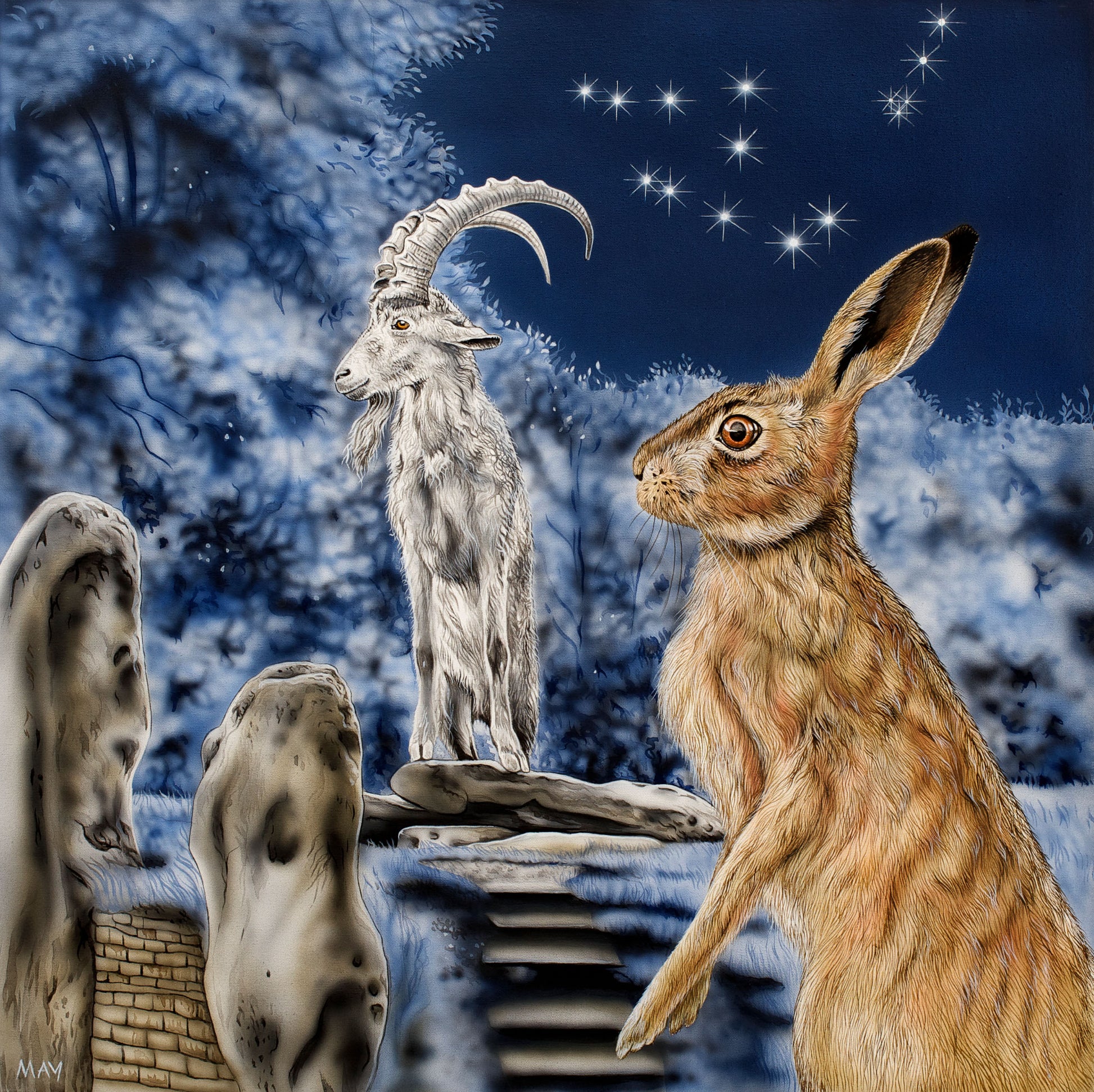 Hare and ram with capricorn constellation in background