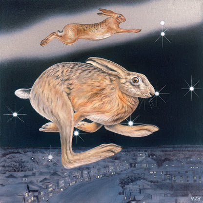 running hare with gemini constellation in background