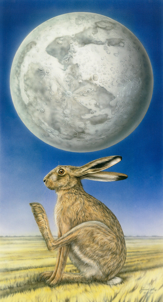hare on a field sat beneath a moon with a hare engraved on its surface